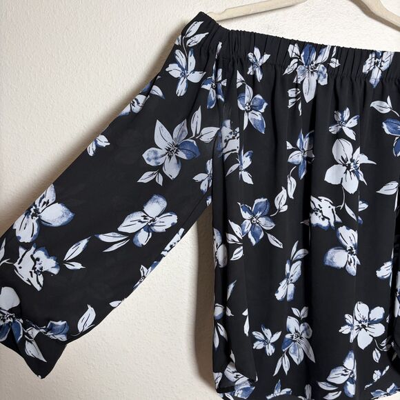 Premise Studio Blouse Women's Large Black Floral 3/4 Sleeve Tie Off the Shoulder - Picture 5 of 9